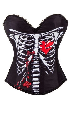 F66364  Skeleton with Heart & Floral Print Black Cotton Push Up Bustier Corset